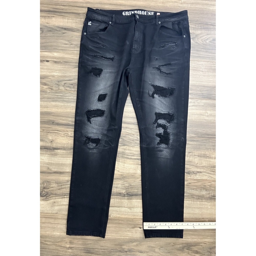 Grindhouse Denim Mens Straight Fit Jeans Size 40 Black With Covered Rips - Picture 3 of 10